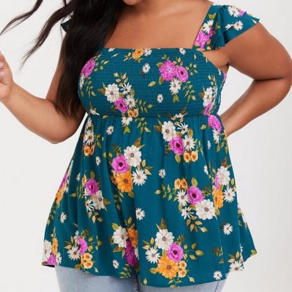 Torrid Floral Babydoll Gauze Smocked Ruffle Tank Top, Dark Teal - Picture 3 of 11